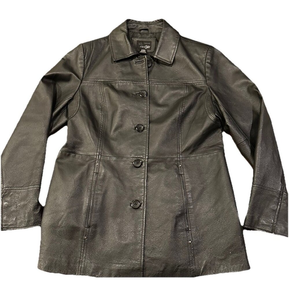 Vintage 90's East 5th Womans Large Black Leather Jacket Fitted Button Up